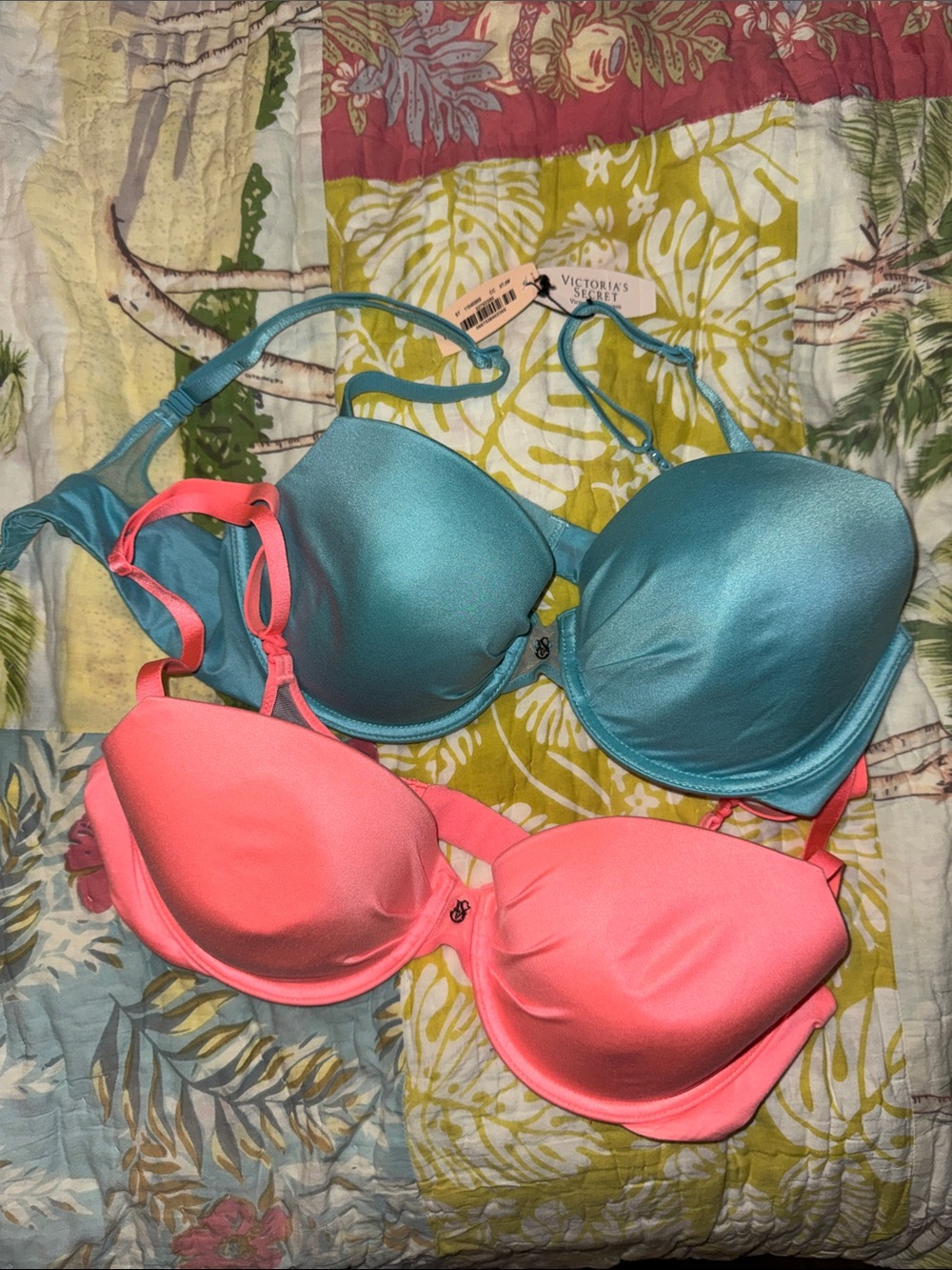 Victoria's Secret Fabulous Teal and Coral Lined Demi Bra Duo